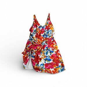 Vibrant Floral Print Swim Dress One-Piece Swimsuit XL Multicolored